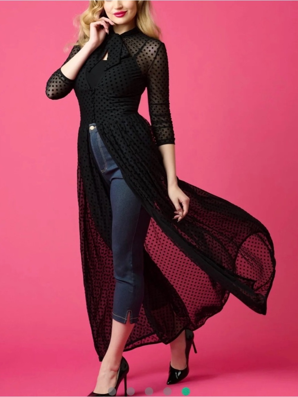 Unique Vintage Black Swiss Dot Starlet Duster XL New Sheer Long Sleeve